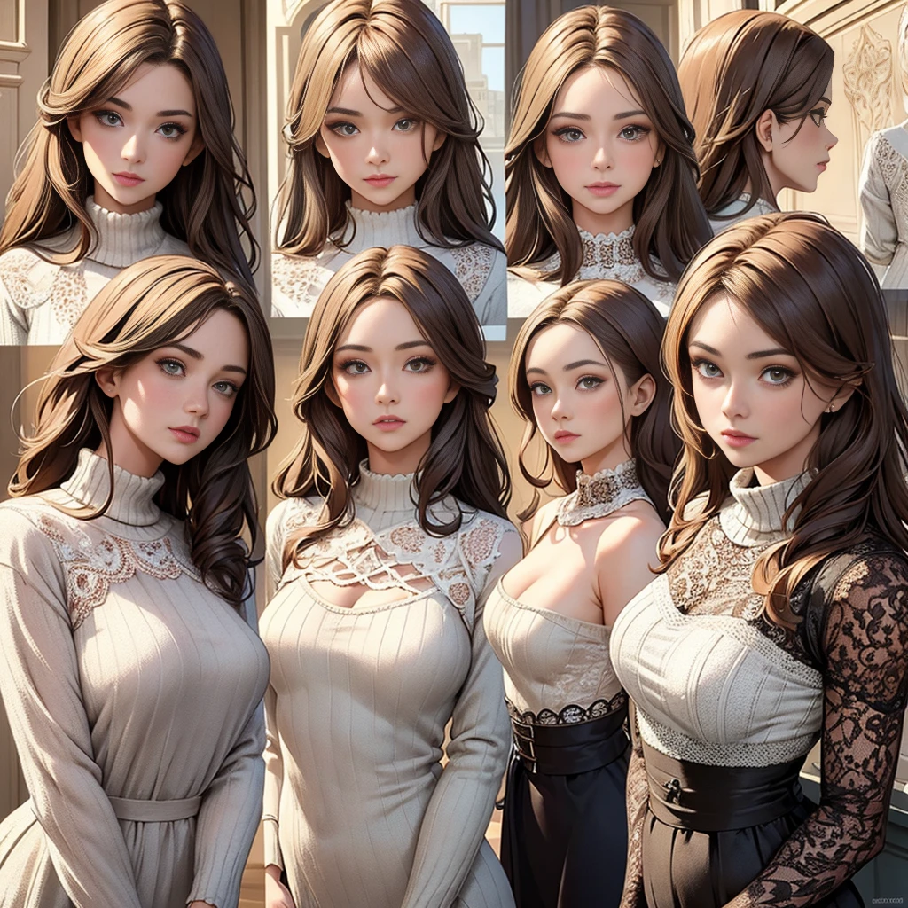 ((Masterpiece, Highest Quality)), Detailed Face, CharacterDesignSheet,full bodyesbian, Full of Details, multiple poss and expressions, Highly detailed, depth, a beaut,Sweaters,lace,lace tights, High balance, Top halo,natural light,yellow