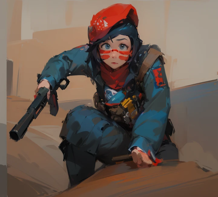 a picture of a girl with a gun, soldier girl,red cap, dessert camouflage , inspired by Leng Mei, anime, female protagonist 👀 :8, ana from overwatch, high quality fanart, anime artstyle, an anime portrait , marin kitagawa fanart, inspired by Kawabata Ryūshi, inspired by Jang Seung-eop