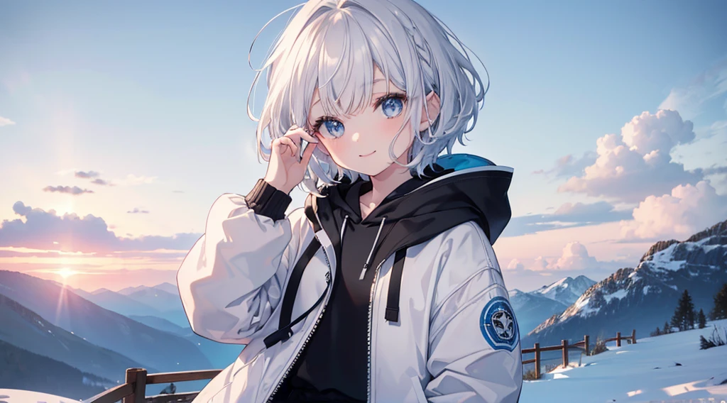 Ultra-high image quality,Look at viewers, hands behind back, girl with, 20 years old, Very short hair, long bangs between eyes, pale blue eyes, Hoodie, Skirt , Extremely detailed,(masterpiece、top-quality),White hair、A smile、Fantastical, Silver hair, Black eyes, Hoodie, White hoodie,a black skirt,Hair is short,Condescending from above,White jacket, Casual style,Open jacket, Cowboy Shot、Fluttering hair、a small face、Bright smile、(parka、white sneaker fingers、Human hand)、(Detailed face) ,profetional lighting,fantastic landscape,Blue sky, Sunlight,look down from above,portraitures