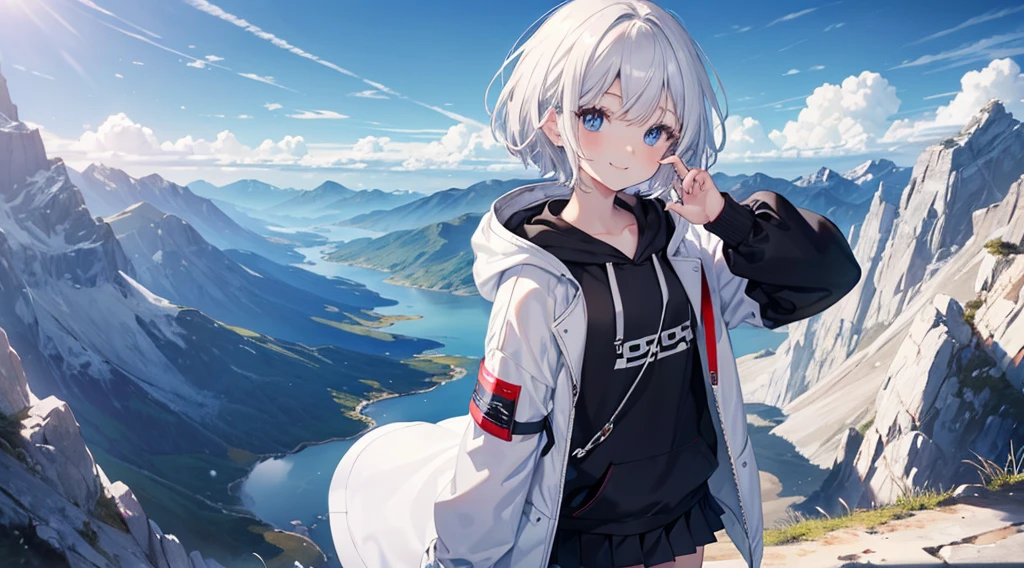 Ultra-high image quality,Look at viewers, hands behind back, girl with, 20 years old, Very short hair, long bangs between eyes, pale blue eyes, Hoodie, Skirt , Extremely detailed,(​masterpiece、top-quality),White hair、A smile、Fantastical, Silver hair, Black eyes,  Hoodie, White hoodie,a black skirt,Hair is short,Condescending from above,White jacket, Casual style,Open jacket,  Cowboy Shot、Fluttering hair、a small face、Bright smile、(parka、white sneaker fingers、Human hand)、(Detailed face) ,profetional lighting,fantastic landscape,Blue sky, Sunlight,look down from above,portraitures