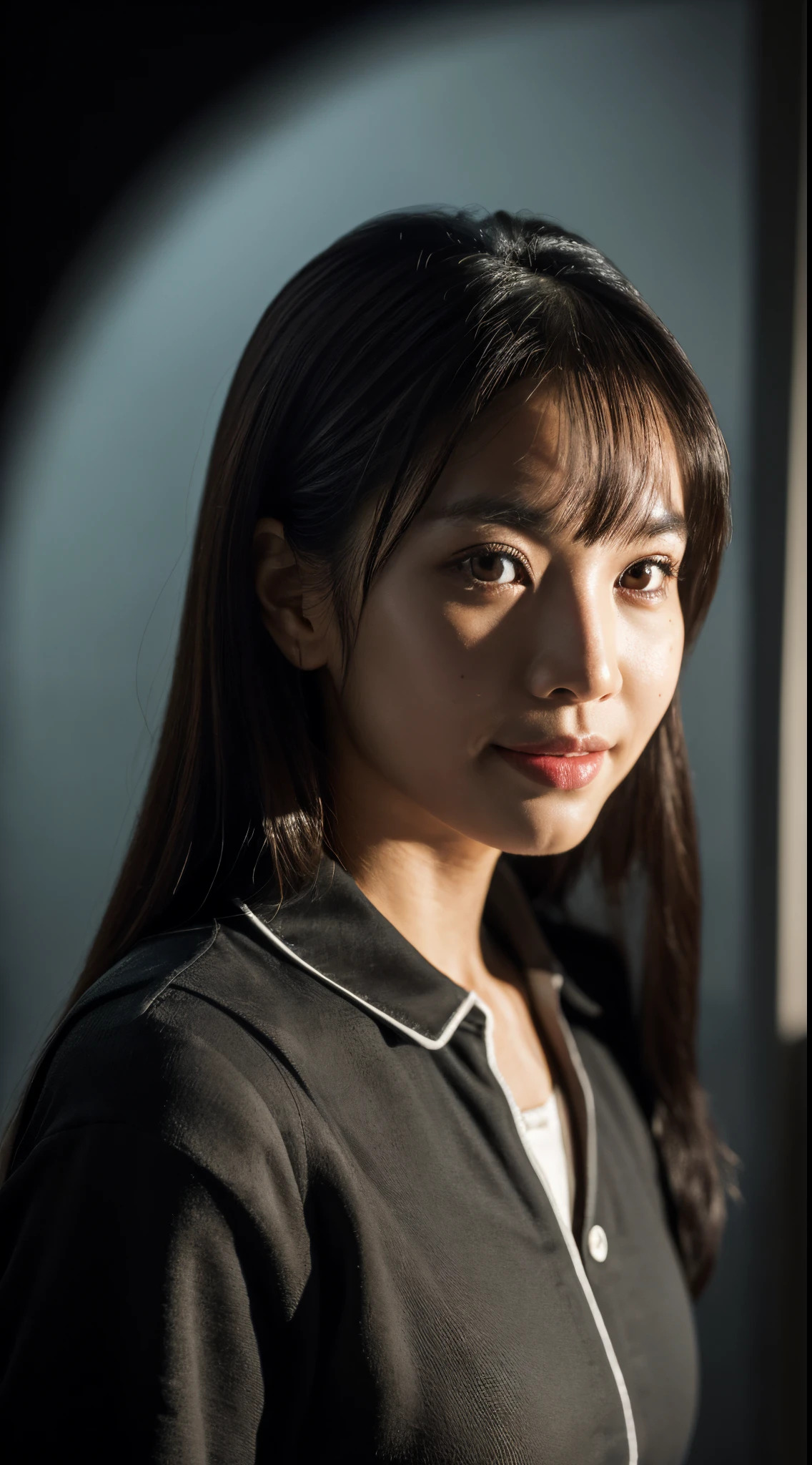 highest quality, epic realistic, ((in the pitch black darkness :1.4)), ((portrait:1.5)),(background: dark ) high contrast ,glorious picture, lowest lux, lighting face, she's comfortable, wearing nothing, , looks incredible, (8k, Raw photo, Highest quality),(epic realistic:1.5), a woman, face,(detailed eyes:0.8),(looking at the camera:1.4), (Highest quality), ( high contrast, deep shadows),Intricate details,cinematic,((skin:1.4)), (long dark hair:1.3), long hair, messy ,(Hdr:1.5),Detailed, colors, Superior quality, Masterpiece, Raw Photo (20-year-old, looking at viewer), beautiful, (wearing plain yellow shirt,), perfect, natural, perfect composition, portrait, perfect face, smiling expression, Captivating eyes, Bright details, Tight lips, (High Skin Detail),, (blue tint: 0.6), (sale: 0.8), (bloody: 0.7), Key lighting , (backlight: 0.5), Medium depth of field, Canon 5d, 50mm lens, f/4 apertures, (Ultra-detailed, Complex detail), sharp focus, soft colors, 8k, Absurd, 80mm, dark background, photography, smiling, pinay, filipina, medium boobs,