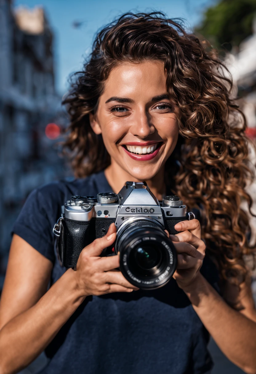 A person holding a camera, cabelos prateados, cabelos curtos, Sorriso leve, boca fechada, pupilas brilhantes, excitado, contemporary art, Backlighting, 8k, alta qualidade