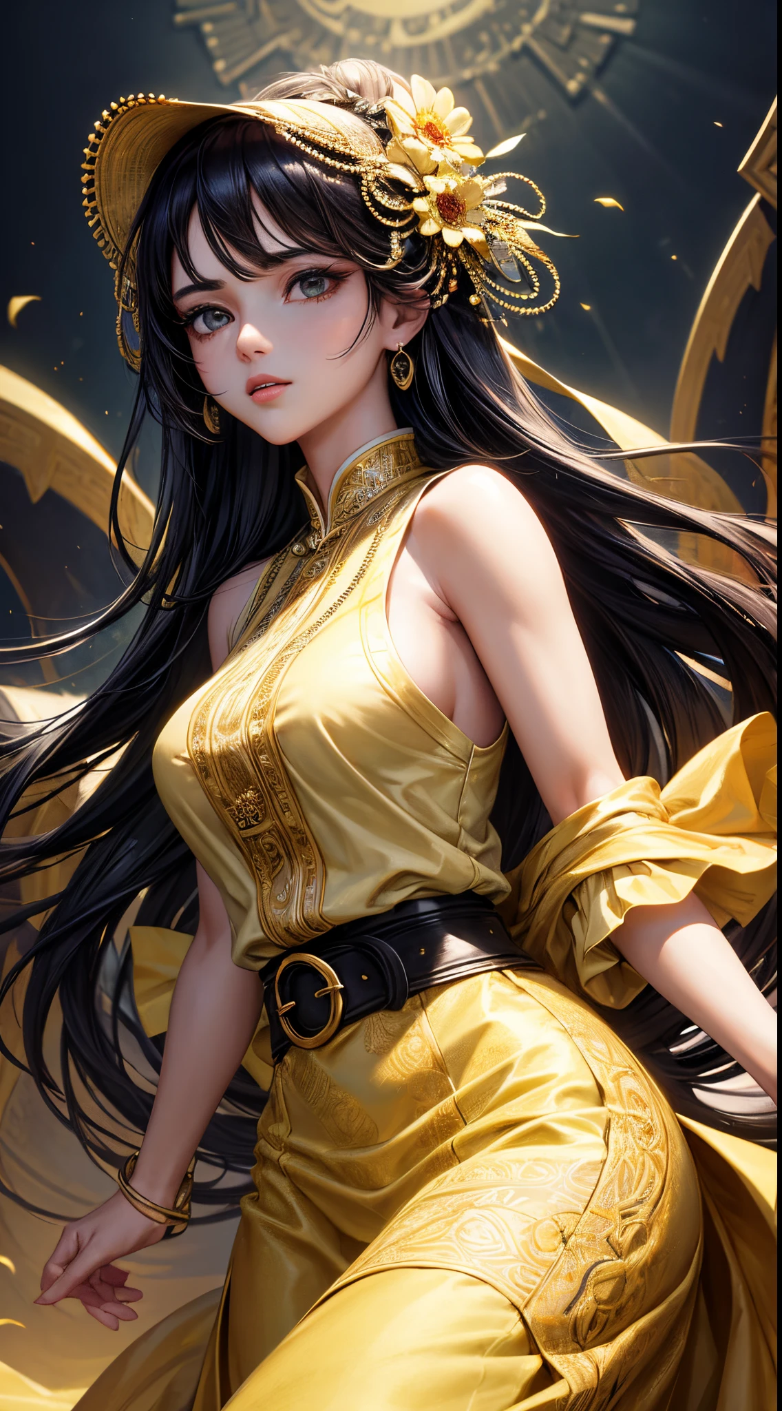 Craft a masterpiece featuring a 24-year-old woman adorned in a sleeveless green blouse and a medium-length white skirt. Enhance her ensemble with a black belt intricately detailed in gold accents. Illuminate the scene with cinematic lighting, emphasizing her black hair and light brown eyes. Utilize SeaArt keywords like depth of field, subtle contrast, and expressive facial details to create a visually stunning composition. Ensure a blend of realism and artistry, capturing the essence of a timeless beauty in this carefully crafted image.