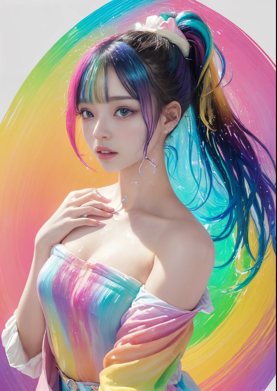 (Pink fashion T-shirt:1.9)、(colourful hair:1.8)、(all the colours of the rainbow:1.8)、((((Vertical Painting:1.6)))、(Painterly:1.6)、frontage、big eye、Sheer eyes、(Iridescent gradient high ponytail:1.7)、Exquisite makeup、Mouth closed、(Small fresh:1.5)、(Wipe Chest:1.6)、long eyes、teary-eyed man wearing white off-shoulder T-shirt、(rainbow-colored hair:1.6)、Color explosion, Messy lines, ((Shines)), (colourfull), Chic paint style, (color splashes), Vertical Painting, NSFW、 Paint splashes, Acrylic Pigment, gradients, depth of fields, facepaint, colourful clothes, (elegent: 1.2), Gorgeous,length hair, the wind, (elegent: 1.3), (flower petals:1.4)、(((​masterpiece)))、(((top-quality)))、((ultra-detailliert))、(dynamic ungle)、((Planktonic))、(paint)、((dishevled hair))、(独奏)、((beautifull detailed face))、my shoulder hurts、white  hair、((colourful hair))、(((striated hair))、beatiful detailed eyes、(Gradient color eyes)、((cammel toe))、(colorful backdrop))))、((((a high chroma))))、(((Surrounded by colorful splashes)))