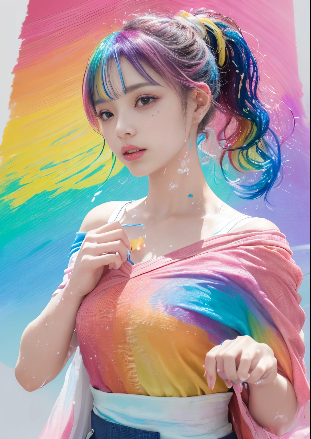 (Pink fashion T-shirt:1.9)、(colourful hair:1.8)、(all the colours of the rainbow:1.8)、((((Vertical Painting:1.6)))、(Painterly:1.6)、frontage、big eye、Sheer eyes、(Iridescent gradient high ponytail:1.7)、Exquisite makeup、Mouth closed、(Small fresh:1.5)、(Wipe Chest:1.6)、long eyes、teary-eyed man wearing white off-shoulder T-shirt、(rainbow-colored hair:1.6)、Color explosion, Messy lines, ((Shines)), (colourfull), Chic paint style, (color splashes), Vertical Painting, NSFW、 Paint splashes, Acrylic Pigment, gradients, depth of fields, facepaint, colourful clothes, (elegent: 1.2), Gorgeous,length hair, the wind, (elegent: 1.3), (flower petals:1.4)、(((​masterpiece)))、(((top-quality)))、((ultra-detailliert))、(dynamic ungle)、((Planktonic))、(paint)、((dishevled hair))、(独奏)、((beautifull detailed face))、my shoulder hurts、white  hair、((colourful hair))、(((striated hair))、beatiful detailed eyes、(Gradient color eyes)、((cammel toe))、(colorful backdrop))))、((((a high chroma))))、(((Surrounded by colorful splashes)))