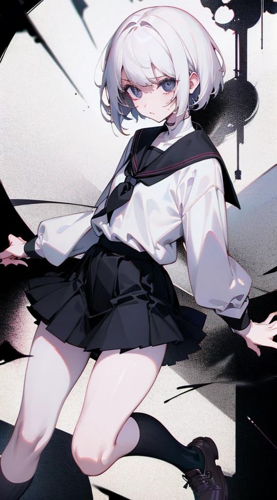Girl. Short hair. White hair..Black eyes. Black school uniform. Pale skin