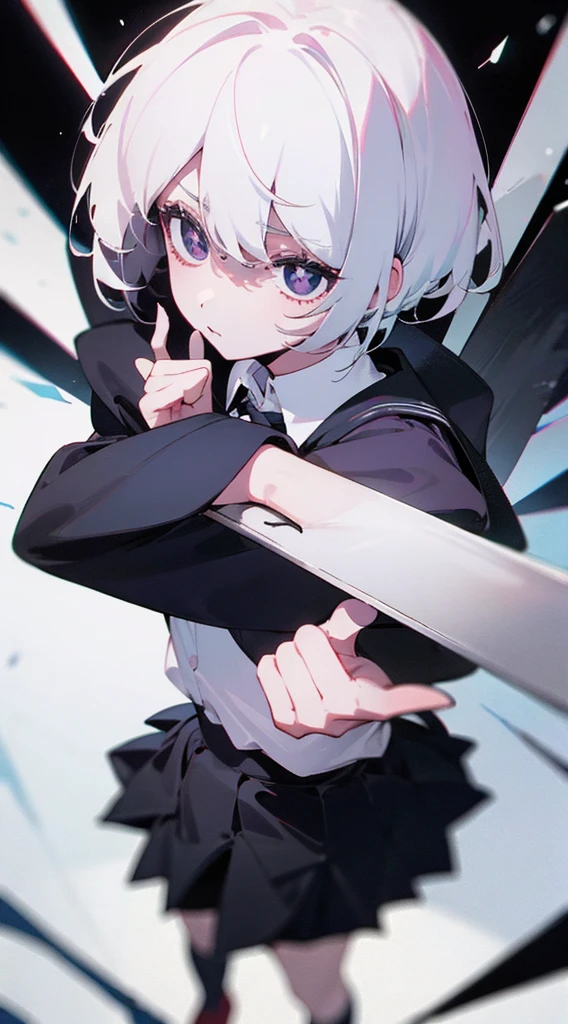 Girl. Short hair. White hair..Black eyes. Black school uniform. Pale skin