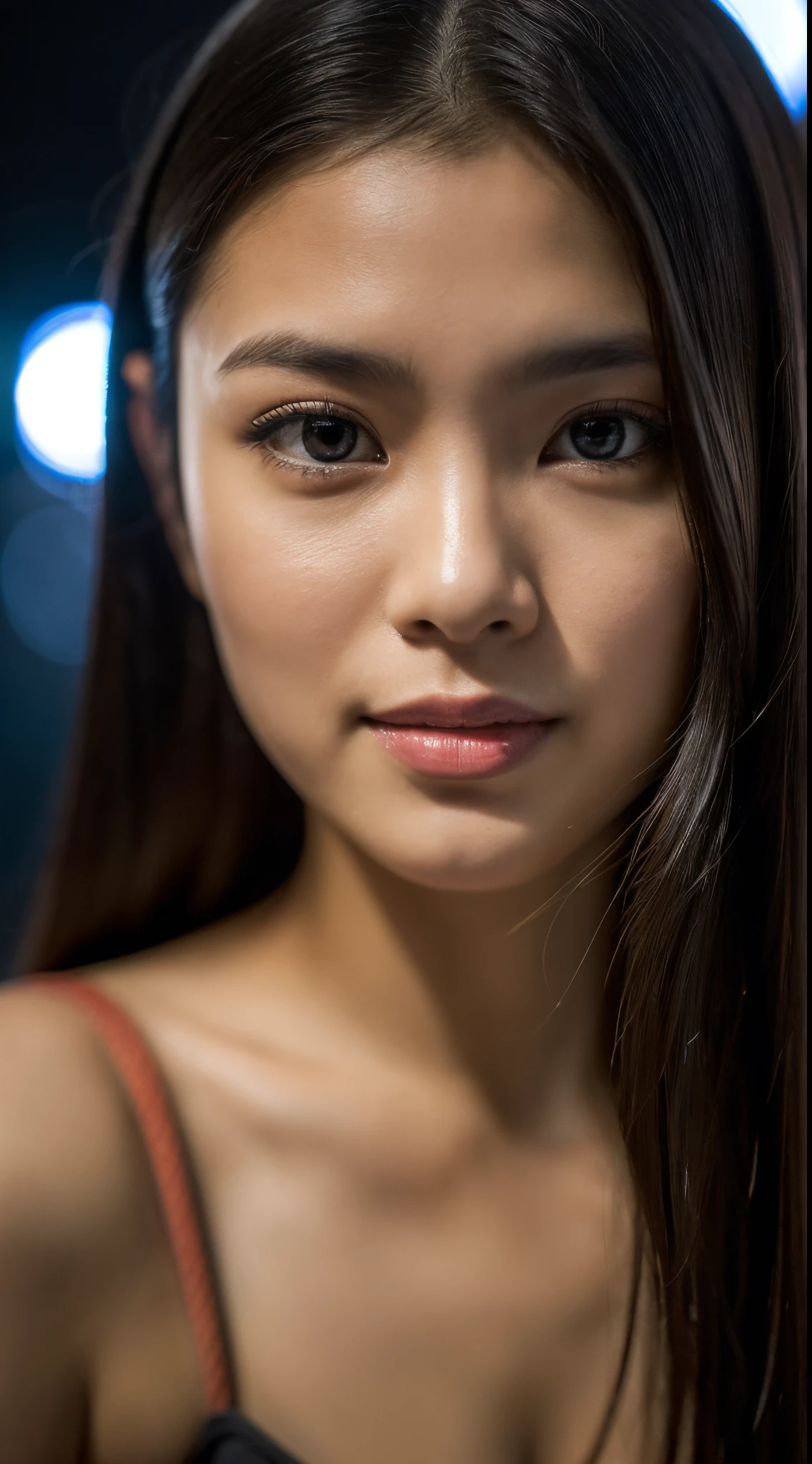 highest quality, epic realistic, ((in the pitch black darkness :1.4)), ((portrait:1.5)),(background: dark ) high contrast ,glorious picture, lowest lux, lighting face, she's comfortable, wearing nothing,  , looks incredible, (8k, Raw photo, Highest quality),(epic realistic:1.5), a woman, face,(detailed eyes:0.8),(looking at the camera:1.4), (Highest quality), ( high contrast, deep shadows),Intricate details,cinematic,((skin:1.4)), (long dark hair:1.3), long hair, messy ,(Hdr:1.5),Detailed, colors, Superior quality, Masterpiece, Raw Photo (20-year-old, looking at viewer), beautiful, (wearing plain yellow shirt,), perfect, natural, perfect composition, portrait, perfect face, smiling expression, Captivating eyes, Bright details, Tight lips, (High Skin Detail),, (blue tint: 0.6), (sale: 0.8), (bloody: 0.7), Key lighting , (backlight: 0.5), Medium depth of field, Canon 5d, 50mm lens, f/4 apertures, (Ultra-detailed, Complex detail), sharp focus, soft colors, 8k, Absurd, 80mm, bokeh background, photography, smiling, pinay, filipina, large boobs, neon lights background, bokeh