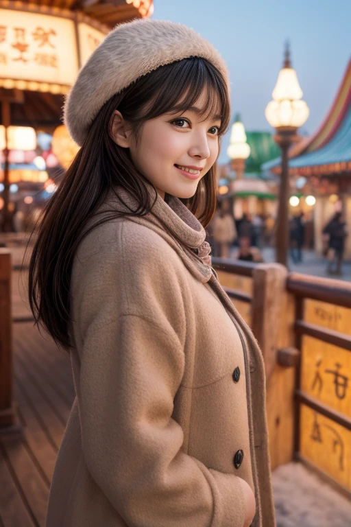 masterpiece、8K、32K、top-quality、(A cute Japanese woman:1.1)、detail portrayal、1 girl in、elegent、tits out、(coat、muffler:1.3)、(Winters:1.1)、An amusement park、cowboy shot、ssmile、Angle from the side