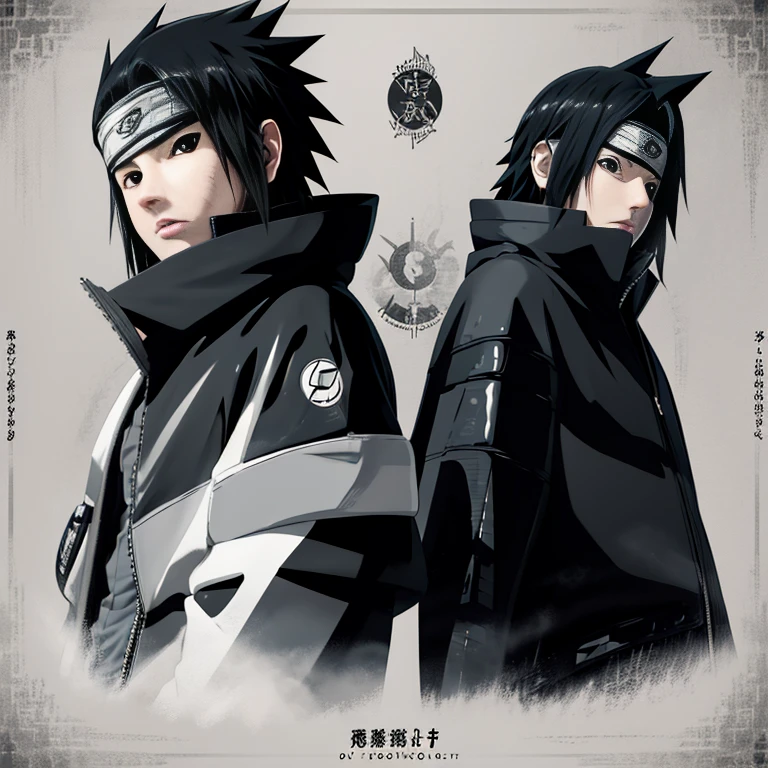 Make the image of Sasuke Uchiha how is it in the manga, image, in black and white and black jacket