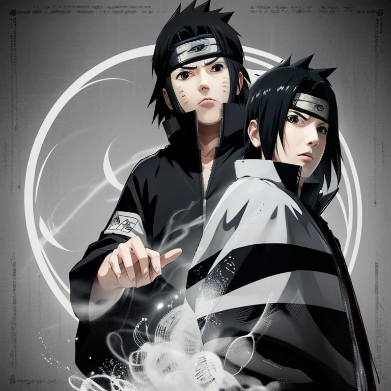 Make the image of Sasuke Uchiha how is it in the manga, image, in black and white and black jacket