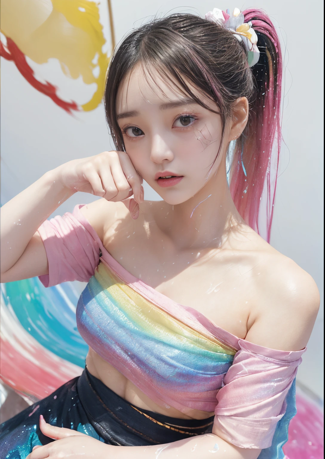 ulzang-6500-v1.1,(RAW photo:1.2), (Photorealistic:1.4), Beautiful Meticulous Girl, very detailed eyes and faces, Beautiful detailed eyes, absurderes, unbelievable Ridiculous, hugefilesize, ultra - detailed, A high resolution, The is very detailed,best qualtiy,tmasterpiece,((Stylish clothing in a variety of colors)),illustratio,The is very detailed,CG,unified,8k 壁纸,Amazing Cleavage,finely detailled,tmasterpiece,best qualtiy,The is very detailed的 CG unified 8k 壁纸,light in face,cinmatic lighting, 1girll, ,Long white hair,lateral division,(huge tit),((pantyless)),,(((dynamicposes))),(((sexyposture))),(Camel toes),(A half body),(Pink fashion T-shirt:1.9),(Colorful hair:1.8),(Rainbow all colors:1.8),((((Vertical painting:1.6))),(painting of a:1.6),frontage,comic strip,illustration,painting of a,largeeyes,crystal-clear,(rainbow color gradient high ponytail:1.7),Delicatemakeup,Keep one's mouth shut,(Small Fresh:1.5),(Bandeau:1.6),long eyelasher,White shoulder T- shirt, White Shoulder Shirt,looking at viewert,watery big eyes,(rainbow colour hair:1.6), colored splashing, (Solo:1.8), colored splashing, Color explosion, Color splattering, Color explosion, Thick lacquer style,Messy lines,((Shining)) ,(Colorful), (Colorful), (Colorful), Colorful, Thick Paint Style, (Splash) (colored splashing), Vertical painting, Upper body, paint splatter, Acrylic Pigment, Gradient, Paint, Highest image quality, Highest image quality, Masterpiece, Solo, Depth of field, facepaint, Colorful clothes, (ellegance: 1.2), opulent, long whitr hair, ventania, (ellegance: 1.3), (petals: 1.4),(((Masterpiece))),(((Best quality at best))),((ultra - detailed)),(illustratio),(dynamic angle),((floatking)),(Paintwork),((Loose hair)),(Solo),(1girll) , (( (Detailed anima face))),((Beautiful detailed face)),collars,Shoulders exposed,whaite hair,((The color hair)),((Striped hair)),Beautiful detailed eyes,(Gradient color eyes),(( (Colored eyes))),(((coloured background))),(((high saturated))),(((Surrounded by colorful splashes))) The girl's hair was scattered,Relaxed expression,Be red in the face,hallucinating,Look behind the girl without clothes,The girl was half-squat,Bright fair skin,Perfect for showing the look of a girl's buttocks,The girl does not wear any clothes,There are also no underwear panties,,All clothes are completely transparent,It is easy to see the beautiful skin under the clothes,The girl's buttocks are completely exposed in front of the camera,The girl did not wear panties on her hips,There is no other clothing to cover,Girls do not have panties or underwear,The part of Ben that was covered by panties was completely exposed,The girl's legs are spread to the sides,The girl has no underwear, Panties or any clothing below the waist,All the clothes of the upper body became colorless,The girl is completely exposed,There are no clothes between the legs,There are also no panties and underwear,no brassiere,Slim body,Smaller bust,Slim girl model,24 years old female model,Girl raises her hips,Have the viewer aim directly at the girl's buttocks,The girl's buttocks are completely exposed in front of the camera,The perspective focuses on the girl's buttocks,The girl's hips protrude,The clothes and panties on the buttocks are completely transparent and colorless,The girl's panties are as slender as a strand of hair,It cannot stop the fullness of the girl's body