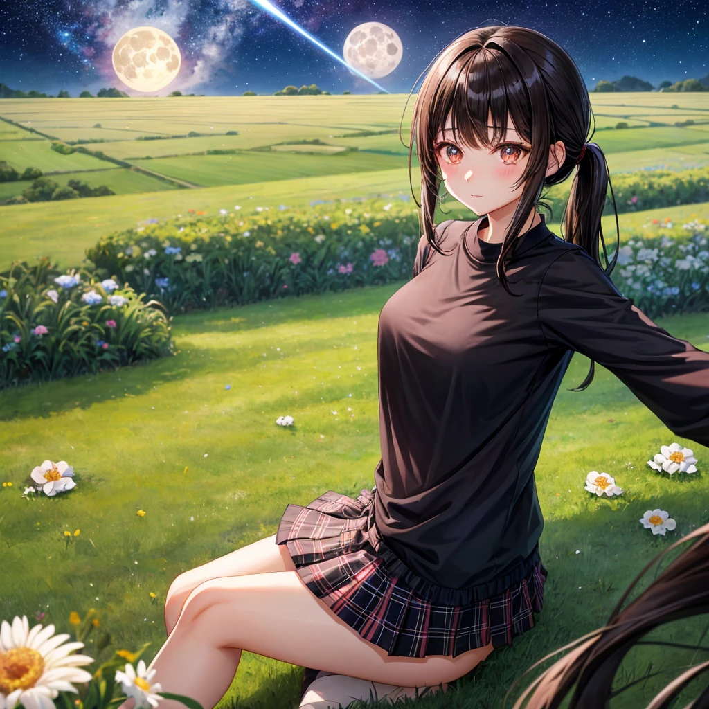 Black brown hair、poneyTail、verd s eyes、one good looking girl、独奏、animesque、lightly dressed、Plaid miniskirt、a black T-shirt、grass field、are flying、fullmoon、Meteor swarm、Glittering starry sky、are flying