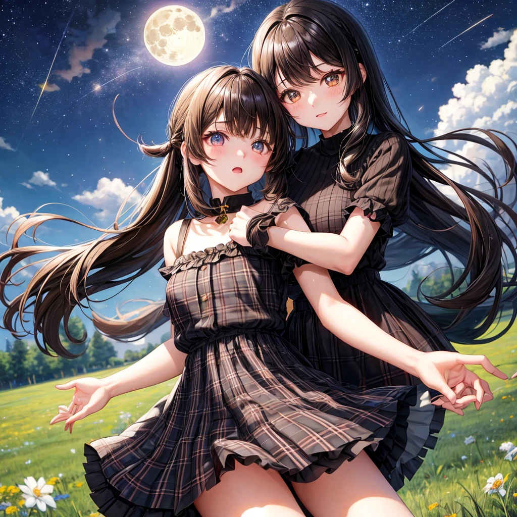 Black brown hair、poneyTail、verd s eyes、one good looking girl、独奏、animesque、lightly dressed、Plaid miniskirt、a black T-shirt、grass field、are flying、fullmoon、Meteor swarm、Glittering starry sky、are flying