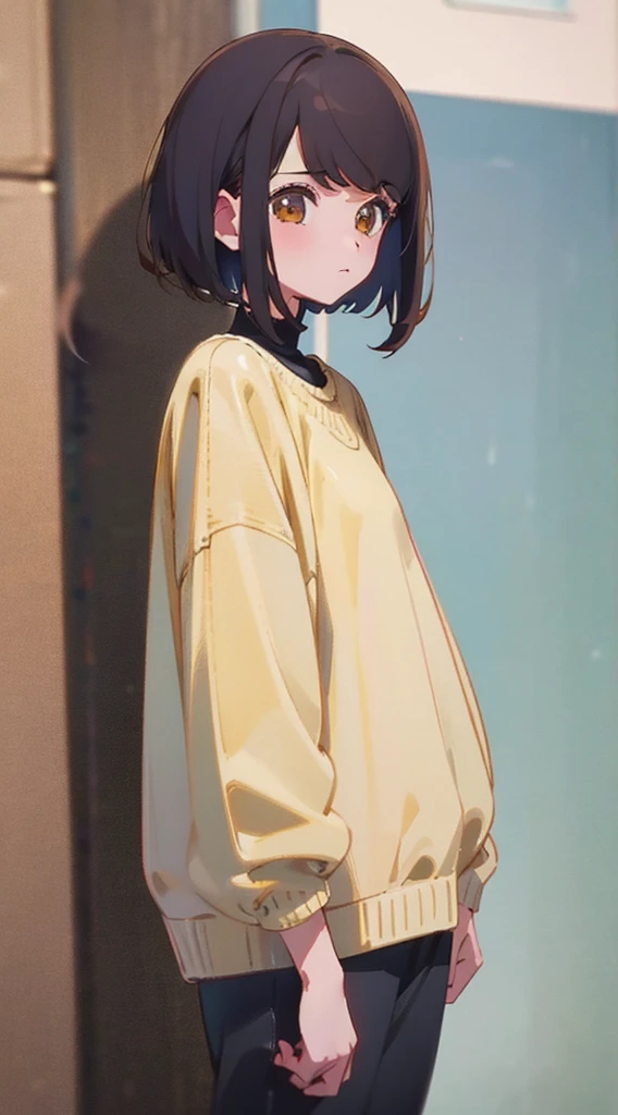Girl. Brown hair. Cute bangs. Short hair.brown eyes. Yellow sweater. Shy girl