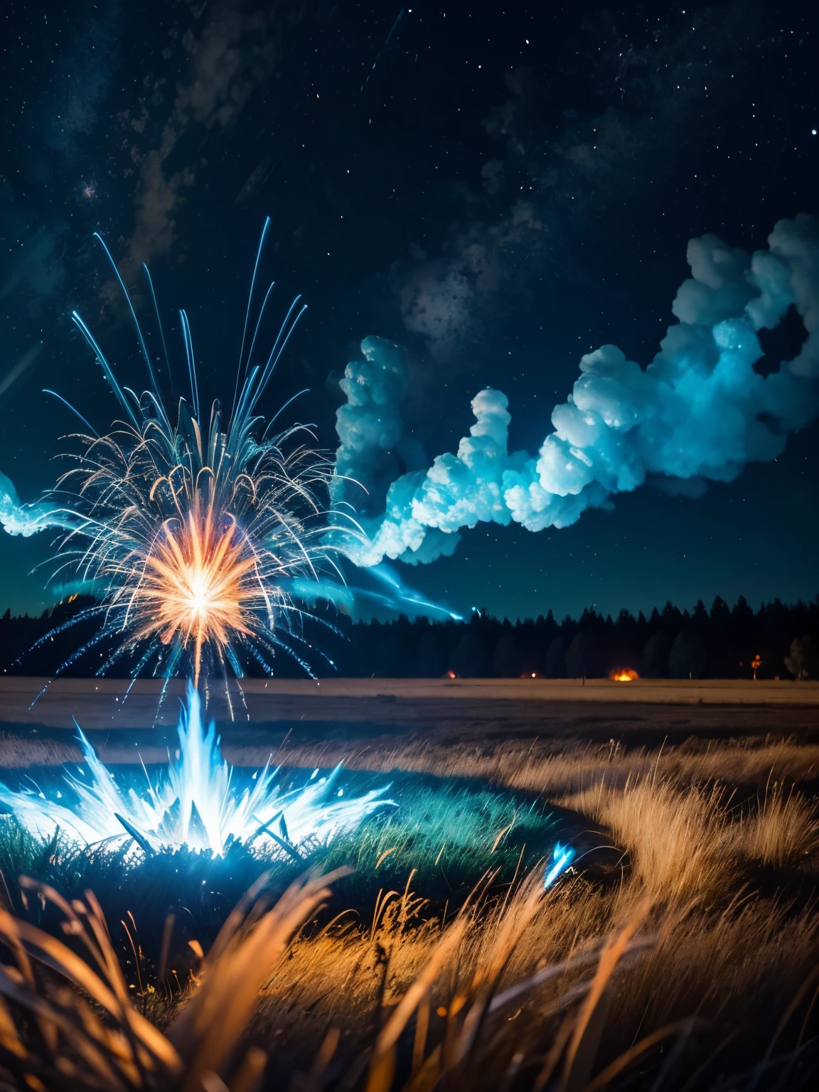 An exploding fireball, blue flames, cold fire, blue fire, freezing green grass in a field on explosion, summer night