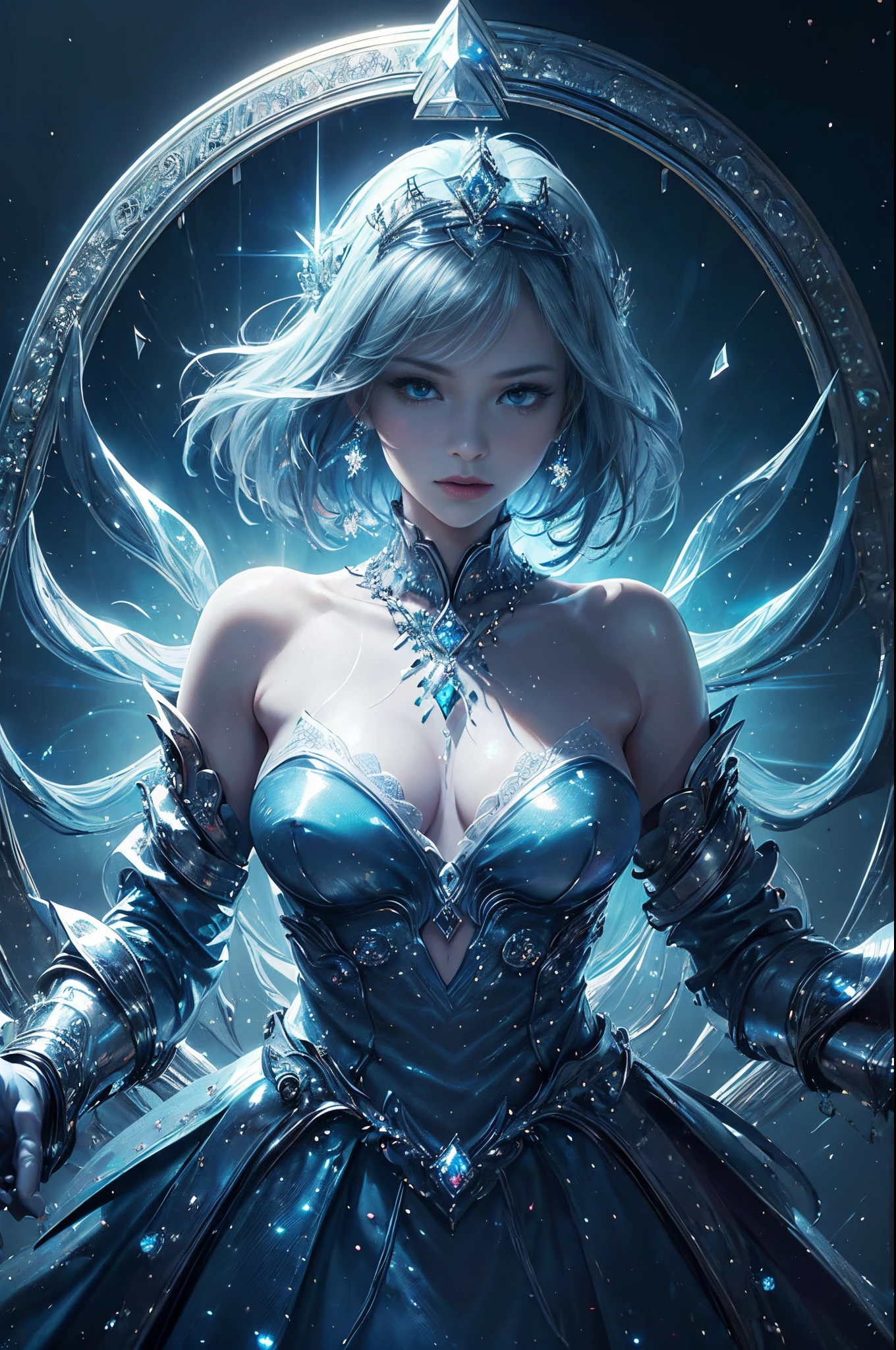 Silver and blue tones、((​masterpiece)))、(((top-quality)))、((ultra-detailliert))、(A hyper-realistic)、(highly detailed CGillustration）、light Particle、Halo、Official art、Fractal Art、Geometry learned、Abstract background、mystical、sacredness、solemnity、Majestic、dignity、absolute power、Diamond Dust、Full body luminescence、Queen of snow、Cool Beauty、 Woman in her 30s、Slender eyes、sharp gaze、sapphire eyes、Super beautiful and sparkling eyes、sophisticated menegance、Gorgeous beauty、Fans、gorgeous dress、diamond encrusted solo、Perfect Angle、perfect-composition