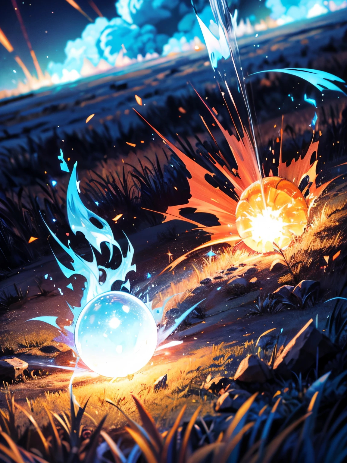 An exploding fireball, blue flames, cold fire, blue fire, freezing green grass in a field on explosion, summer night