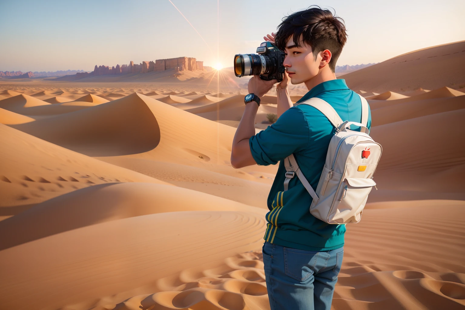 A man taking pictures with a camera in the desert, Shot with a professional camera, taking photo, Looking back at the camera, High Quality Action Photos, focused shot, Pose gracefully through the camera, Focused photos, Big camera in hand, Look into the camera, looking to camera, Looking into the camera, Paparazzi shots, looking away from camera、Asian young man straight black hair, Wearing Apple Watch on right hand, Wearing Apple Watch on right hand
