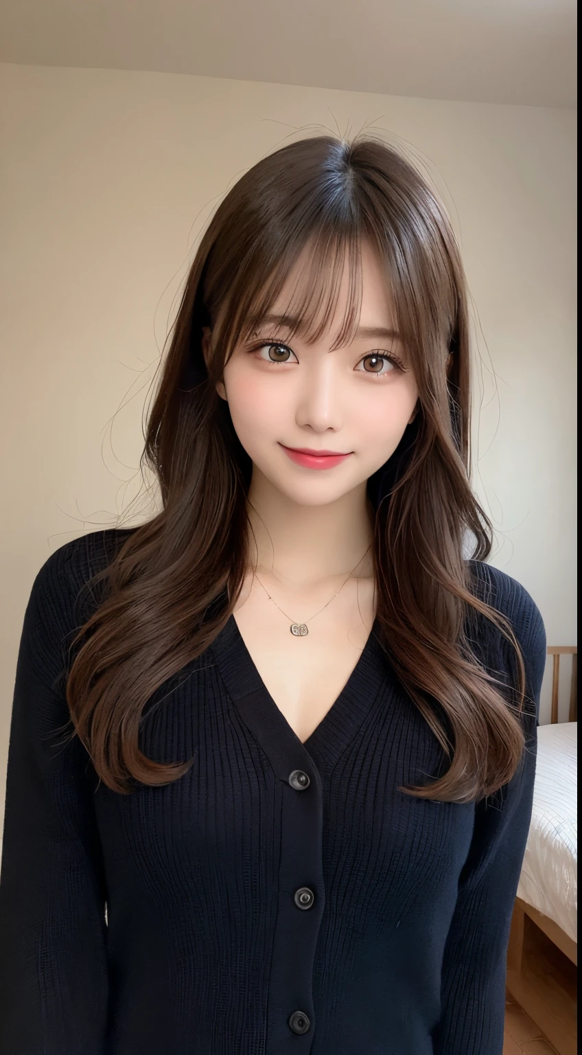 masutepiece, Best Quality, Illustration, Ultra-detailed, finely detail, hight resolution, 8K Wallpaper, Perfect dynamic composition, Beautiful detailed eyes, doress,Medium Hair, mid-chest, Natural Color Lip, Random and sexy poses,Smile,Bedroom Room(Blur the background),20 years girl,Cute,Black winter clothes,Raw photo
