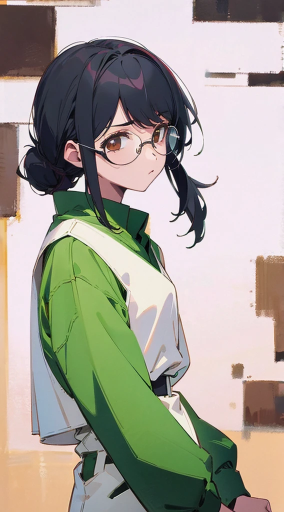 Girl. Black hair tied down. Wears white glasses. Brown eyes. Green uniform