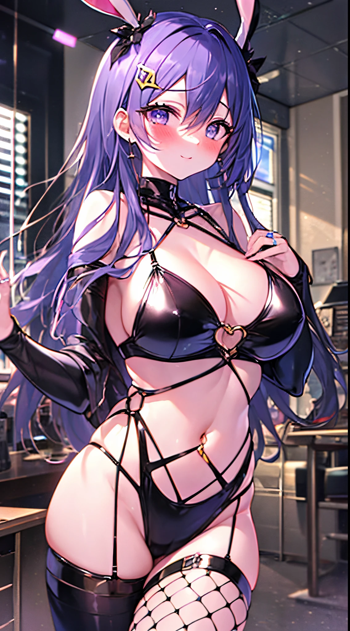 Beautiful loli, Large breasts, Straight and purple hair，The ends of the hair are wavy, a purple eye, Developed body, bunnysuit, thighs, smiling, (blushing:1.3), (oiled body:1.3), nsfw, revealing clothes,