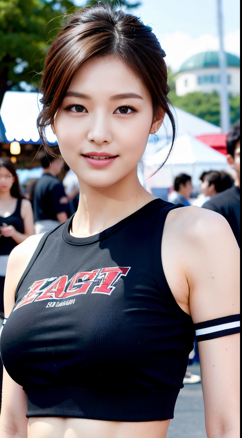 (Best quality, High resolution, Masterpiece :1.3), A tall and pretty woman, Perfect figure beauty, Abs, Breasts, (Dark brown short hair), Wearing crop top with varsity jacket and sweatpants, Smirking, At amusement park, Details exquisitely rendered in the face and skin texture, Detailed eyes, Double eyelid