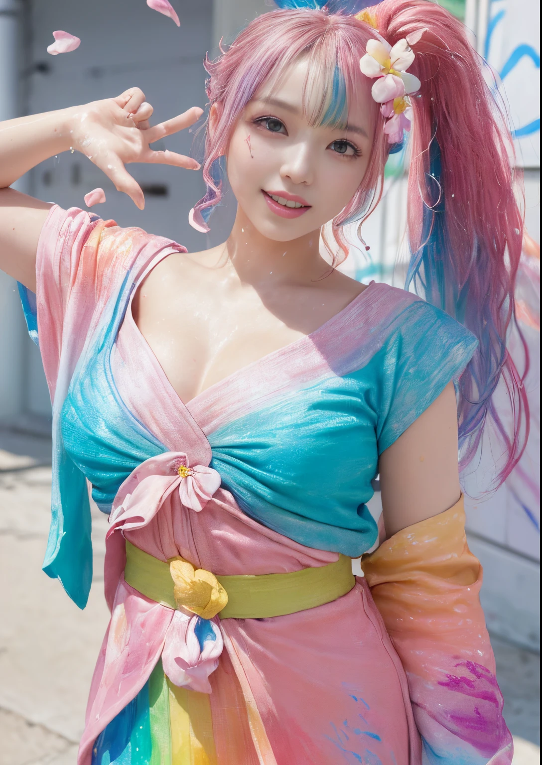 (Pink fashion T-shirt:1.9)、(colourful hair:1.8)、(all the colours of the rainbow:1.8)、((((Vertical Painting:1.6)))、(Painterly:1.6)、frontage、big eye、Sheer eyes、(Iridescent gradient high ponytail:1.7)、Exquisite makeup、Mouth closed、(Small fresh:1.5)、(Wipe Chest:1.6)、long eyes、A teary-eyed man wearing a white off-shoulder T-shirt、(rainbow-colored hair:1.6)、Color explosion, Messy lines, ((Shines)), (colourfull), Chic paint style, (color splashes), Vertical Painting, NSFW、 Paint splashes, Acrylic Pigment, gradients, depth of fields, facepaint, colourful clothes, (elegent: 1.2), Gorgeous,length hair, the wind, (elegent: 1.3), (flower petals:1.4)、(((​masterpiece)))、(((top-quality)))、((ultra-detailliert))、(dynamic ungle)、((Planktonic))、(paint)、((dishevled hair))、(独奏)、((beautifull detailed face))、my shoulder hurts、white  hair、((colourful hair))、(((striated hair))、beatiful detailed eyes、(Gradient color eyes)、((cammel toe))、(colorful backdrop))))、((((a high chroma))))、(((Surrounded by colorful splashes)))