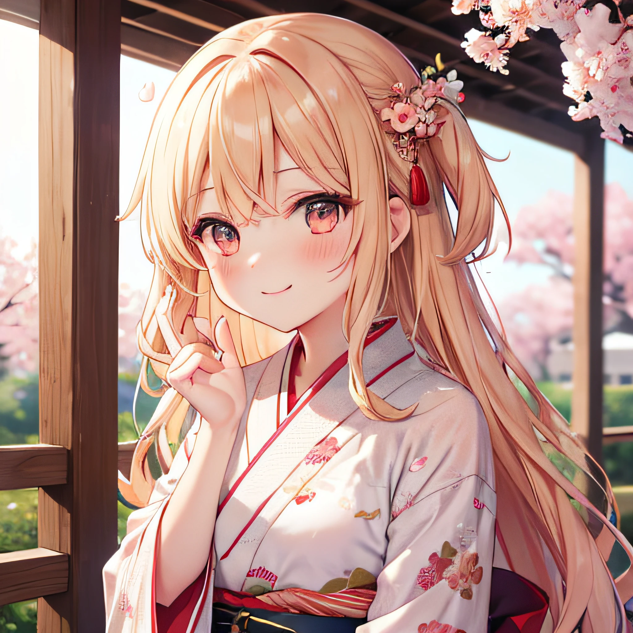Wavy blonde hair,one girls,独奏,((red blush)),shrines,Cherry blossom kimono,A smile