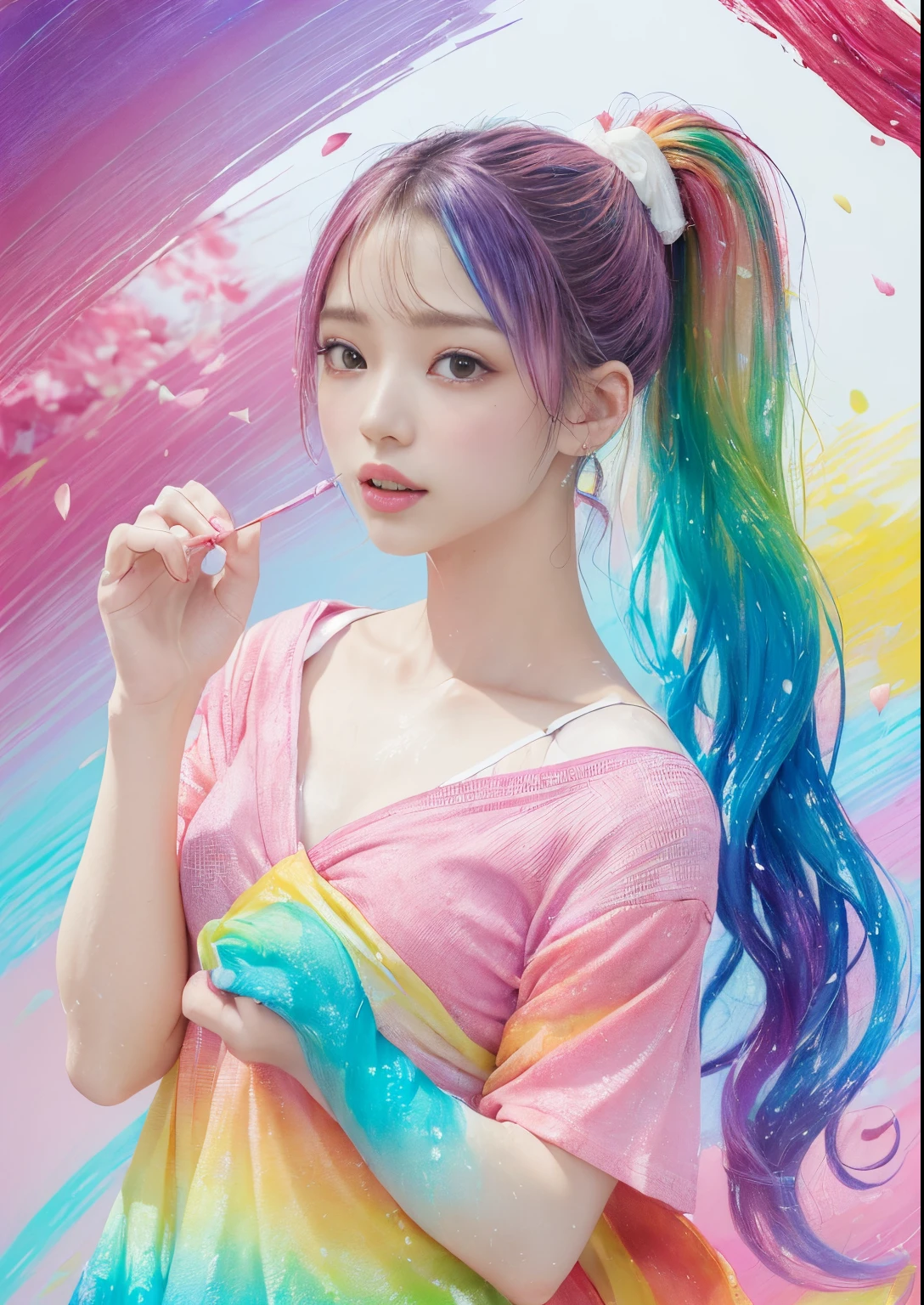 (Pink fashion T-shirt:1.9)、(colourful hair:1.8)、(all the colours of the rainbow:1.8)、((((Vertical Painting:1.6)))、(Painterly:1.6)、frontage、big eye、Sheer eyes、(Iridescent gradient high ponytail:1.7)、Exquisite makeup、Mouth closed、(Small fresh:1.5)、(Wipe Chest:1.6)、long eyes、A teary-eyed man wearing a white off-shoulder T-shirt、(rainbow-colored hair:1.6)、Color explosion, Messy lines, ((Shines)), (colourfull), Chic paint style, (color splashes), Vertical Painting, NSFW、 Paint splashes, Acrylic Pigment, gradients, depth of fields, facepaint, colourful clothes, (elegent: 1.2), Gorgeous,length hair, the wind, (elegent: 1.3), (flower petals:1.4)、(((​masterpiece)))、(((top-quality)))、((ultra-detailliert))、(dynamic ungle)、((Planktonic))、(paint)、((dishevled hair))、(独奏)、((beautifull detailed face))、my shoulder hurts、white  hair、((colourful hair))、(((striated hair))、beatiful detailed eyes、(Gradient color eyes)、((cammel toe))、(colorful backdrop))))、((((a high chroma))))、(((Surrounded by colorful splashes)))