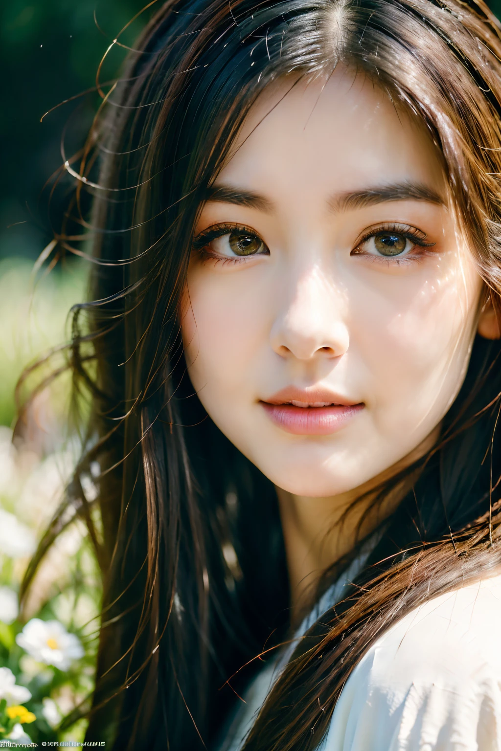 18-year-old girl、independent、look forward to、Light eye makeup、Brown Hair Color、flat 、Hair blowing in the wind、Quality of actress、Shiny, Ultra-realistic face、Smiling expression、Watery eye、look up、Soothing lighting effects、 Ultra-Realistic Capture、Very detailed、High resolution 16K human skin closeup。Skin texture must be natural、Must be so detailed that pores are visible、skin is healthy、Must be of uniform tone、Use natural light and color、High quality photos taken by modeling agencies&#39;Exclusive photographer、A big smile、Front facing