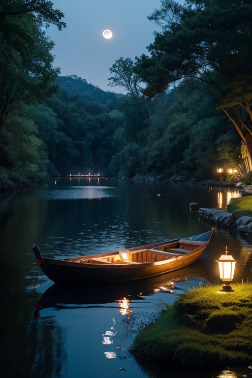 rios,the woods,small boats,nigth,Some fish,pleasing,lamp lights,themoon