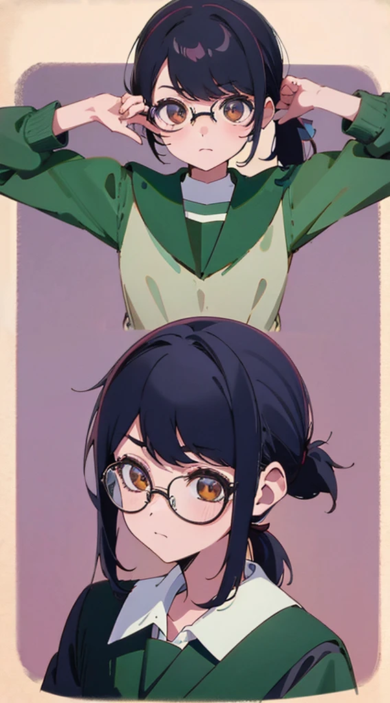 Girl. Black hair. Lower ponytail. Brown eyes. Wears square glasses. Green school uniform. Shy.