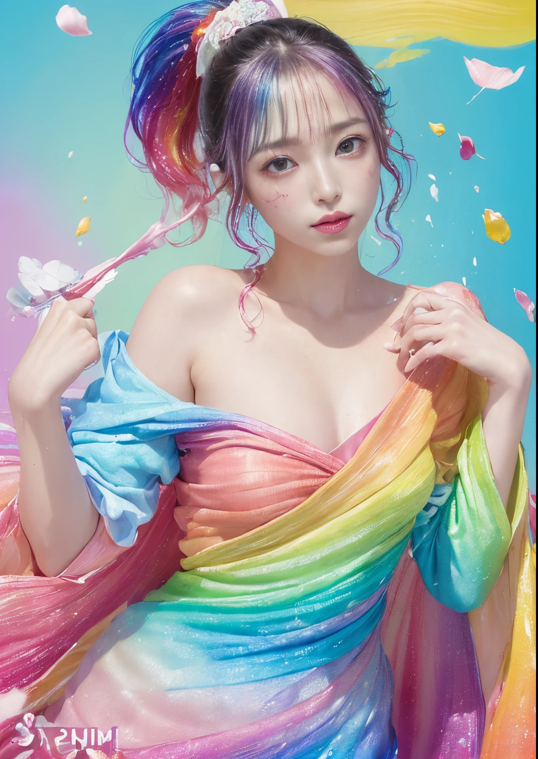 (Pink fashion T-shirt:1.9)、(colourful hair:1.8)、(all the colours of the rainbow:1.8)、((((Vertical Painting:1.6)))、(Painterly:1.6)、frontage、big eye、Sheer eyes、(Iridescent gradient high ponytail:1.7)、Exquisite makeup、Mouth closed、(Small fresh:1.5)、(Wipe Chest:1.6)、long eyes、A teary-eyed man wearing a white off-shoulder T-shirt、(rainbow-colored hair:1.6)、Color explosion, Messy lines, ((Shines)), (colourfull), Chic paint style, (color splashes), Vertical Painting, NSFW、 Paint splashes, Acrylic Pigment, gradients, depth of fields, facepaint, colourful clothes, (elegent: 1.2), Gorgeous,length hair, the wind, (elegent: 1.3), (flower petals:1.4)、(((​masterpiece)))、(((top-quality)))、((ultra-detailliert))、(dynamic ungle)、((Planktonic))、(paint)、((dishevled hair))、(独奏)、((beautifull detailed face))、my shoulder hurts、white  hair、((colourful hair))、(((striated hair))、beatiful detailed eyes、(Gradient color eyes)、((cammel toe))、(colorful backdrop))))、((((a high chroma))))、(((Surrounded by colorful splashes)))