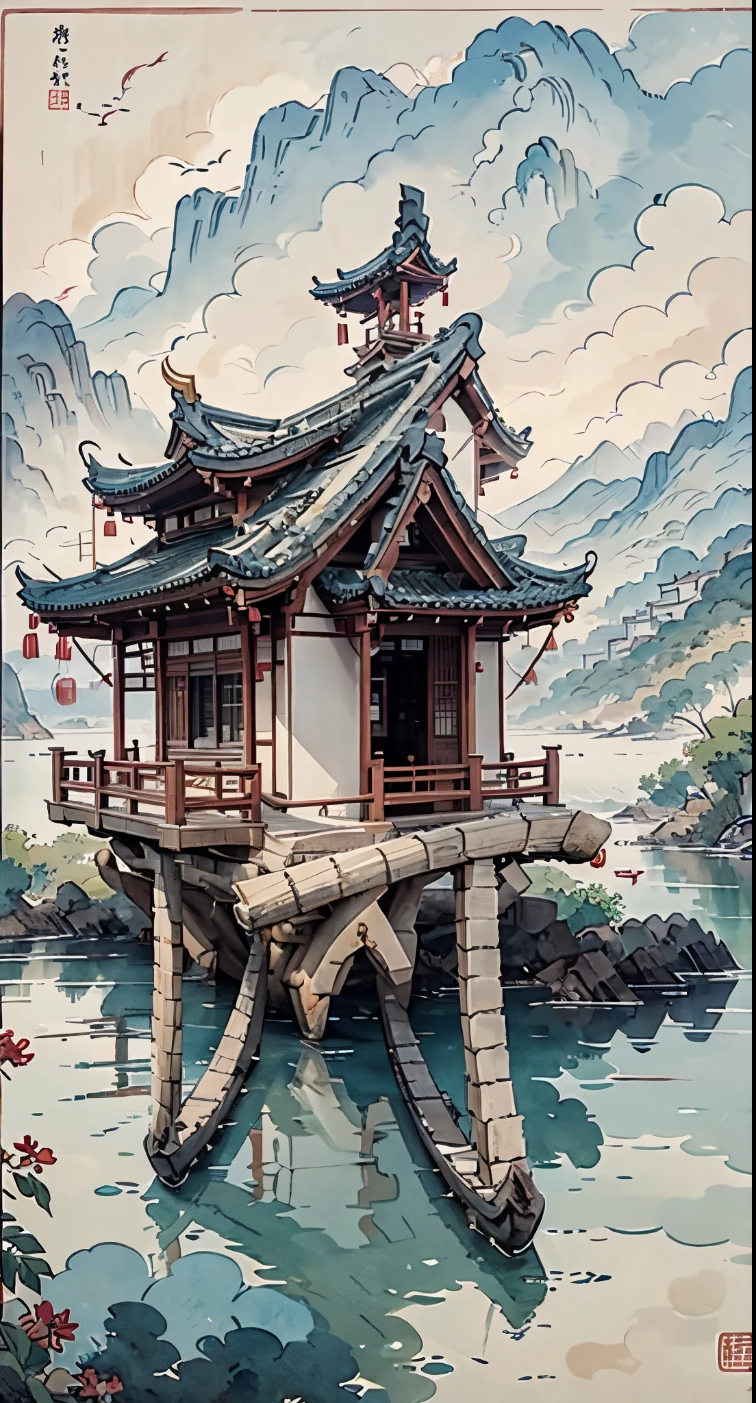 Mountain painting with a pagoda on a small island, chinese watercolor style, chinese painting style, digital painting of a pagoda, Chinese landscape, traditional Chinese watercolor painting, chinese paintings, Japan Art Style, High detail watercolor 8K, highly detailed water colour 8 k, detailed painting 4 k, author：heroes, japanese painting, author：Qu Leile，Light and dark