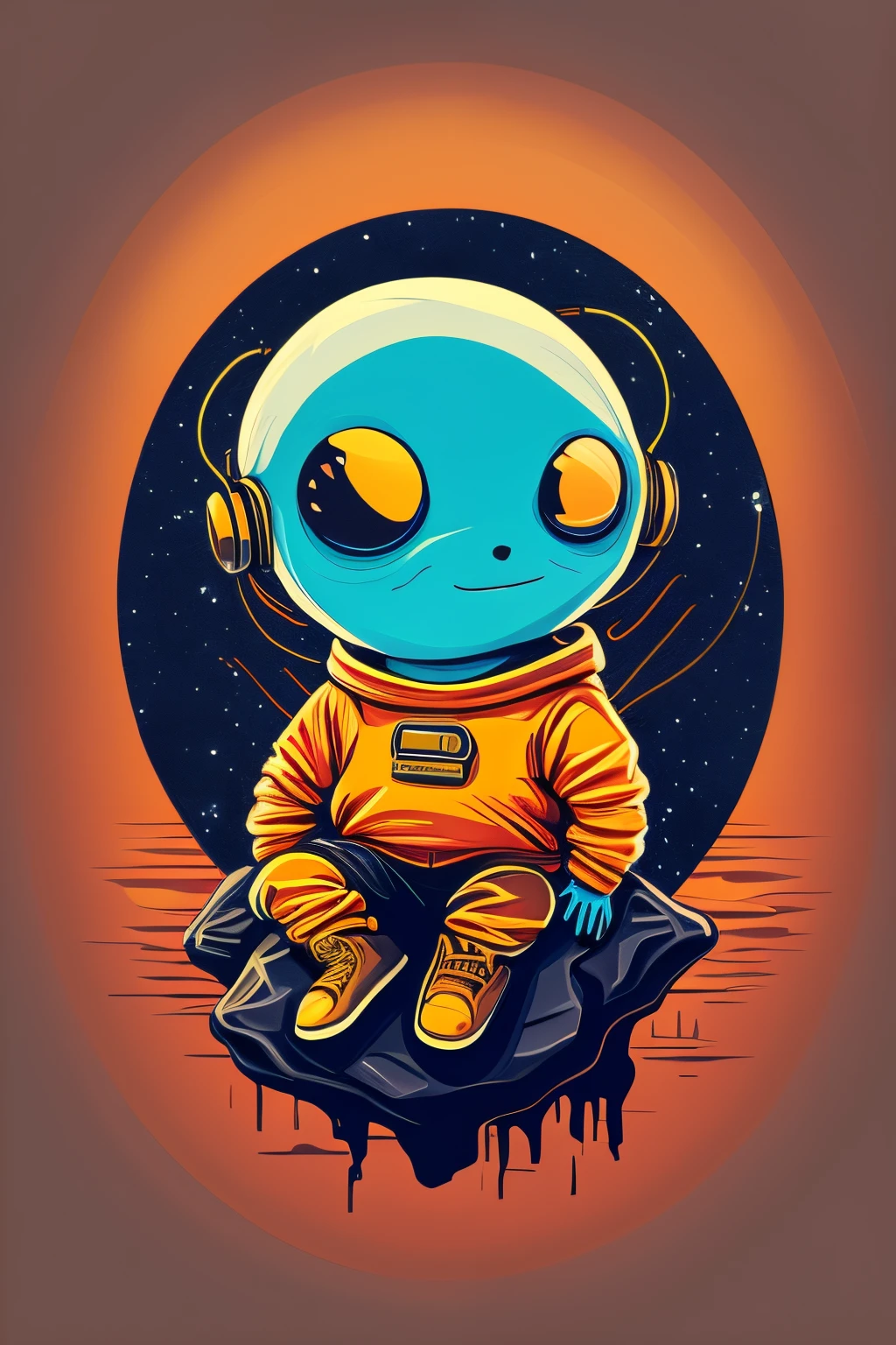 An alien sitting on a rock in a relaxed position, with a headset, in a circle, with white background and art vector style, in a vibrant and characteristic sunset, with detailed and sharp outline, as a t-shirt logo in the style of art
