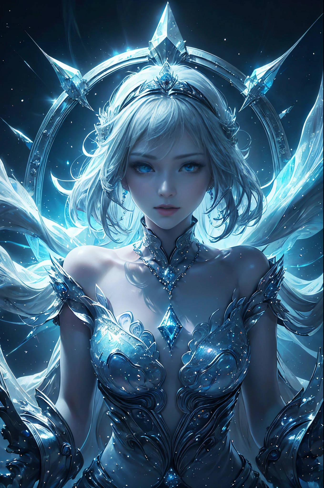 Silver and blue tones、((masterpiece)))、(((top-quality)))、((ultra-detailliert))、(A hyper-realistic)、(highly detailed CGillustration)、light Particle、Halo、Official art、Fractal Art、Geometry learned、Abstract background、mystical、sacredness、solemnity、Majestic、dignity、absolute zero、Diamond Dust、Ice magic that freezes everything、Full body luminescence、Queen of snow、Cool Beauty、 Woman in her 30s、Slender eyes、sharp gaze、sapphire eyes、Super beautiful and sparkling eyes、sophisticated menegance、Gorgeous beauty、Fans、gorgeous dress、diamond encrusted solo、Perfect Angle、perfect-composition