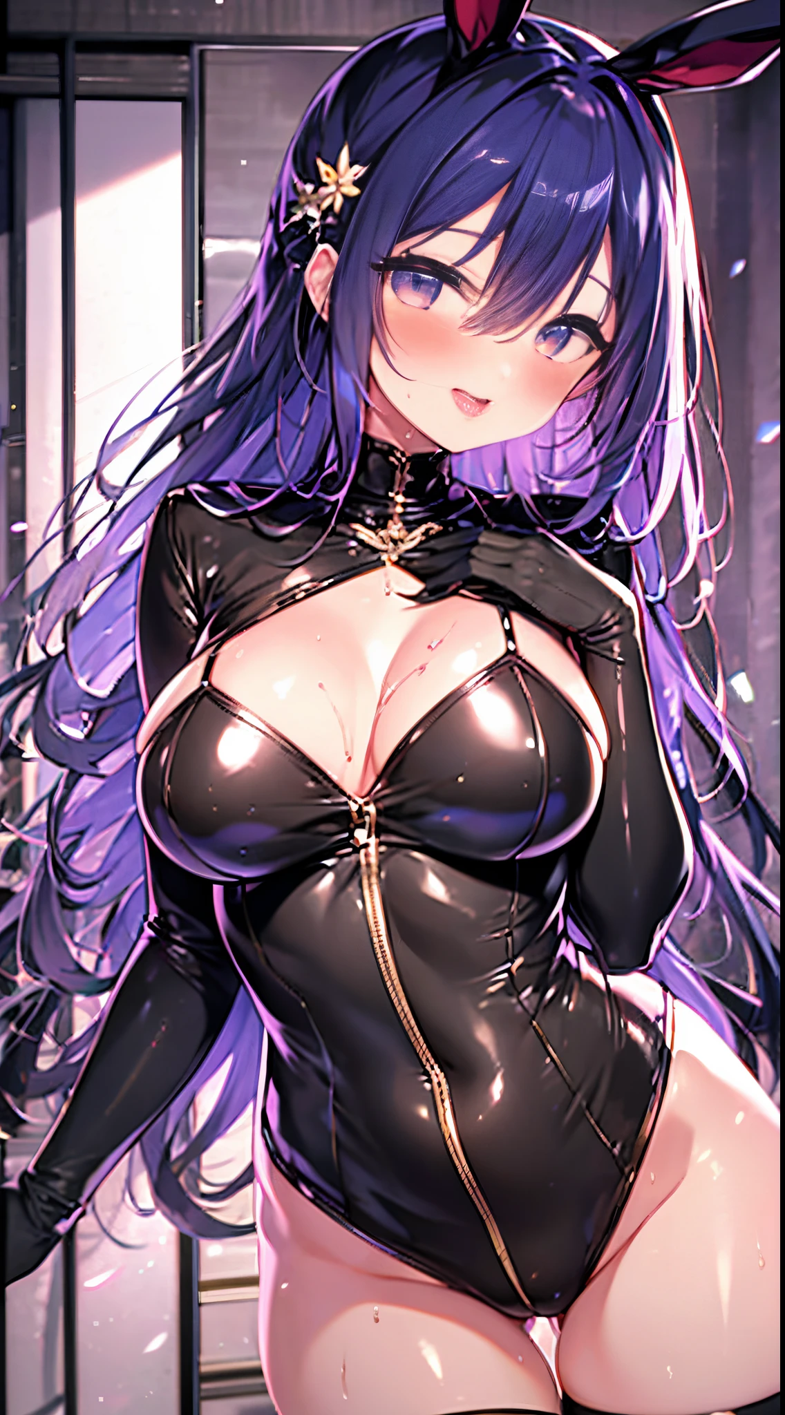 unity 8k wallpaper, ultra-detailed, extremely detailed CG, beautiful and aesthetic, super detailed skin, Beautiful , Large breasts, Straight and purple hair, a purple eye, Developed body, bunnysuit, thighs, smiling, (blushing:1.3), (oiled body:1.3), nsfw, ahegao, blush, sweat, open mouth, rolling eyes, tears, tongue out, open the thighs, casino,