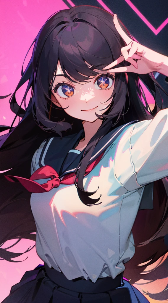 Black hair. Long hair. Bangs. Brown hair. Cute smile. Cute school uniform