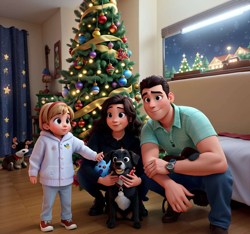 Imagen estilo Disney Pixar con un hombre, una mujer, a baby and a dog taking a selfie in front of a Christmas tree, la noche, With a tree in the background and flashing lights., Temporada de vacaciones, familia feliz.