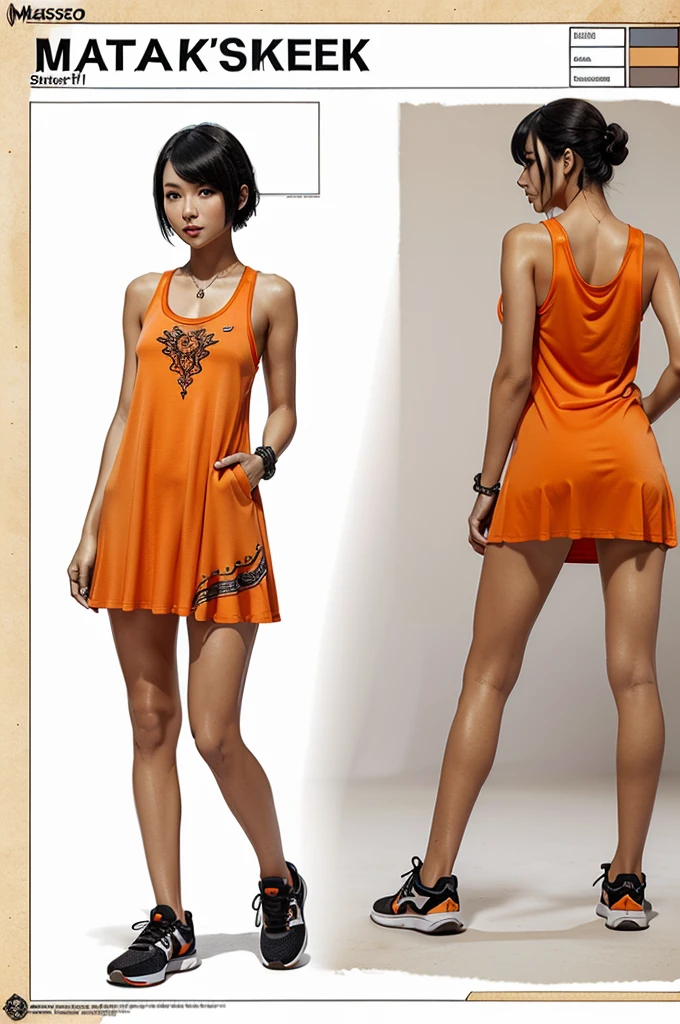 (​masterpiece)、ultra-detailliert、8K、((character sheets:1.4))、(concept-art)、or、In reference sketch of very sexy japanese girl with Black short hair 、She's a naked,  just dress Orange winter tank and Orange tennis shoes, Ultra-realistic and sharp details and intricate and intricate details、styleackground illustration、White flat background