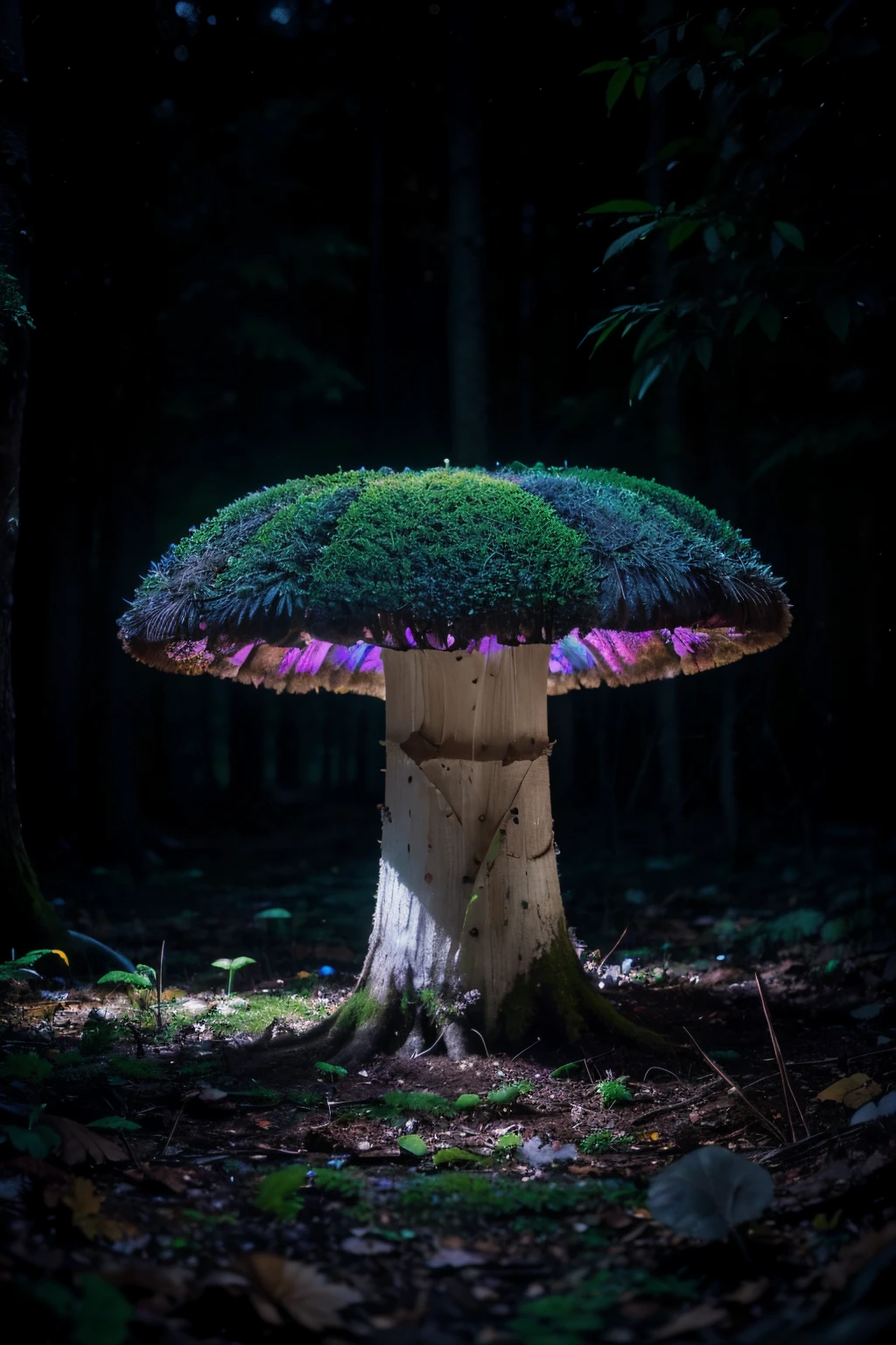 super 4k hdr, depth of field ,cinematic , psychedelic mushroom with beautiful eyes showing another world inside it. striking colors, trippy forest around, 3d look image, feathery texture super detailed, Small, glowing spores float through the air, creating a sense of movement and otherworldliness, The eyes of the mushroom emit a soft, ethereal glow, illuminating the immediate surroundings, Rays of multicolored light filter through the dense forest canopy, casting enchanting patterns on the ground