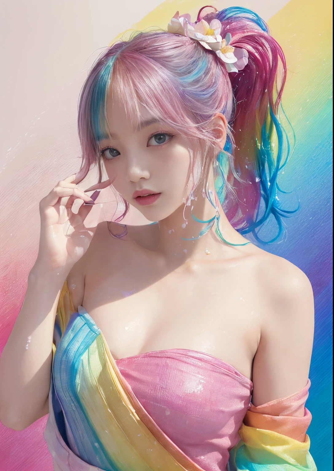 (Pink fashion T-shirt:1.9)、(colourful hair:1.8)、(all the colours of the rainbow:1.8)、((((Vertical Painting:1.6)))、(Painterly:1.6)、frontage、big eye、Sheer eyes、(Iridescent gradient high ponytail:1.7)、Exquisite makeup、Mouth closed、(Small fresh:1.5)、(Wipe Chest:1.6)、long eyes、A teary-eyed man wearing a white off-shoulder T-shirt、(rainbow-colored hair:1.6)、Color explosion, Messy lines, ((Shines)), (colourfull), Chic paint style, (color splashes), Vertical Painting, NSFW、 Paint splashes, Acrylic Pigment, gradients, depth of fields, facepaint, colourful clothes, (elegent: 1.2), Gorgeous,length hair, the wind, (elegent: 1.3), (flower petals:1.4)、(((​masterpiece)))、(((top-quality)))、((ultra-detailliert))、(dynamic ungle)、((Planktonic))、(paint)、((dishevled hair))、(独奏)、((beautifull detailed face))、my shoulder hurts、white  hair、((colourful hair))、(((striated hair))、beatiful detailed eyes、(Gradient color eyes)、((cammel toe))、(colorful backdrop))))、((((a high chroma))))、(((Surrounded by colorful splashes)))