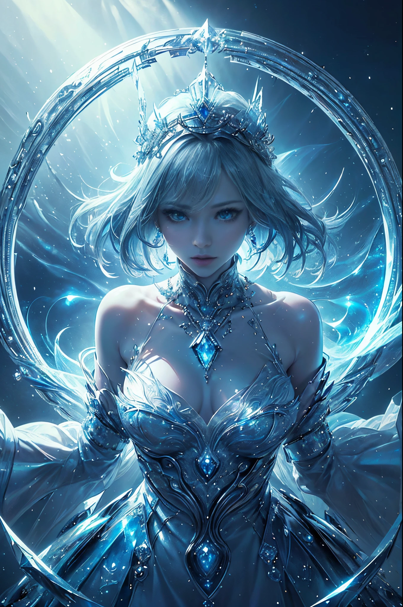 Silver and blue tones、((​masterpiece)))、(((top-quality)))、((ultra-detailliert))、(A hyper-realistic)、(highly detailed CGillustration）、light Particle、Halo、Official art、Fractal Art、Geometry learned、Abstract background、mystical、sacredness、solemnity、Majestic、dignity、absolute zero、Diamond Dust、Ice magic chant that freezes everything、permafrost、Full body luminescence、Queen of snow、Cool Beauty、 Woman in her 30s、Slender eyes、sharp gaze、sapphire eyes、Super beautiful and sparkling eyes、sophisticated menegance、Gorgeous beauty、Fans、gorgeous dress、diamond encrusted solo、Perfect Angle、perfect-composition