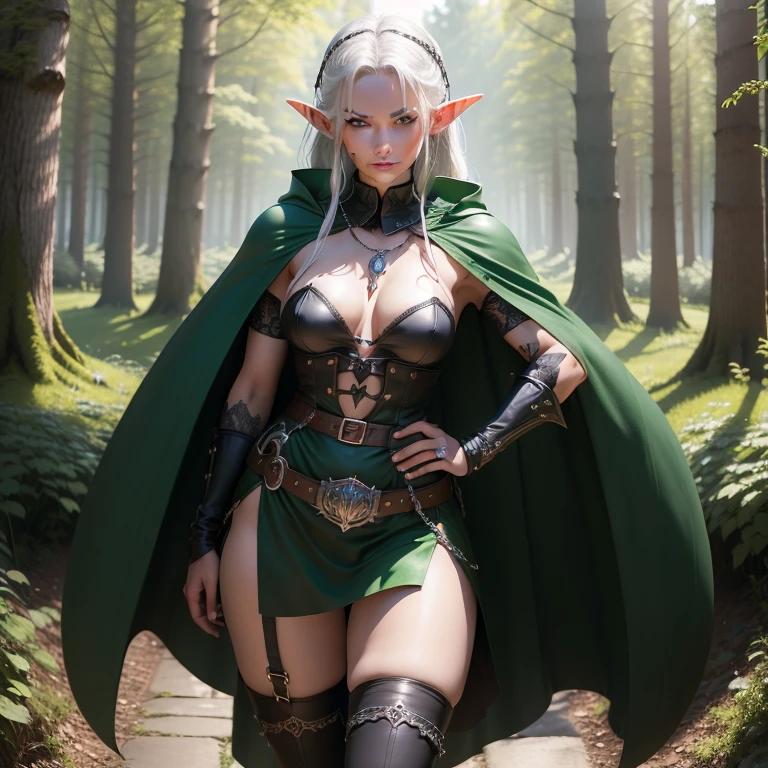 (extrem detailliert), (hight resolution), Full body portrait, von Herr der Ringe (Elf, green cape, Chain mail, pretty woman with small breasts, fester Hintern, trainiert, Pretty face, strahlend blaue Augen), Hintergrund Wald (dicht bewachsen, Trees, Farne, Nachthimmel), Meisterwerk ((hight resolution)), ((sehr detailliert)), sexy Beine, bare feet, keine Schuhe, Waffe (Dolch, wearing on the belt, Lederscheide, verzierter Griff), Tattoo (Runen am Arm), rote Haare (lockig, lang)