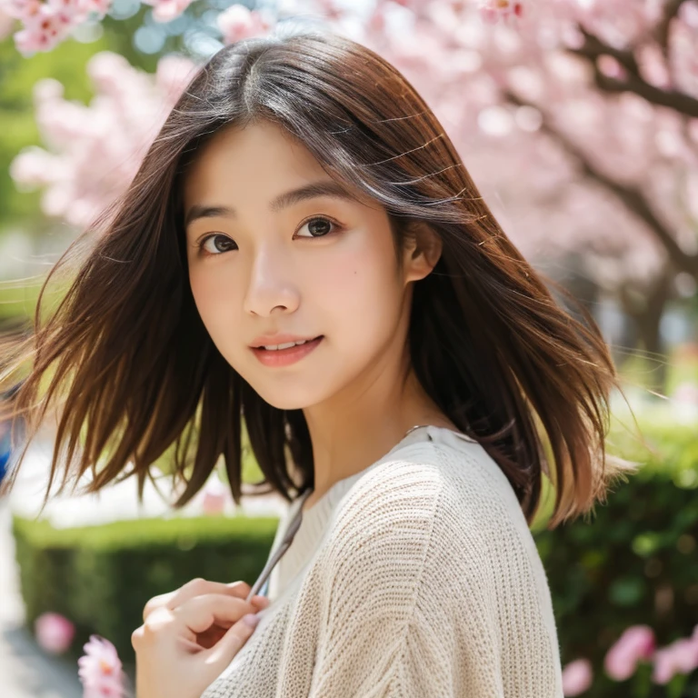 An ultra-high picture quality、Perfect Photo、16-year-old beautiful girl model、Boyish hair、springtime、Spring clothes、In the street