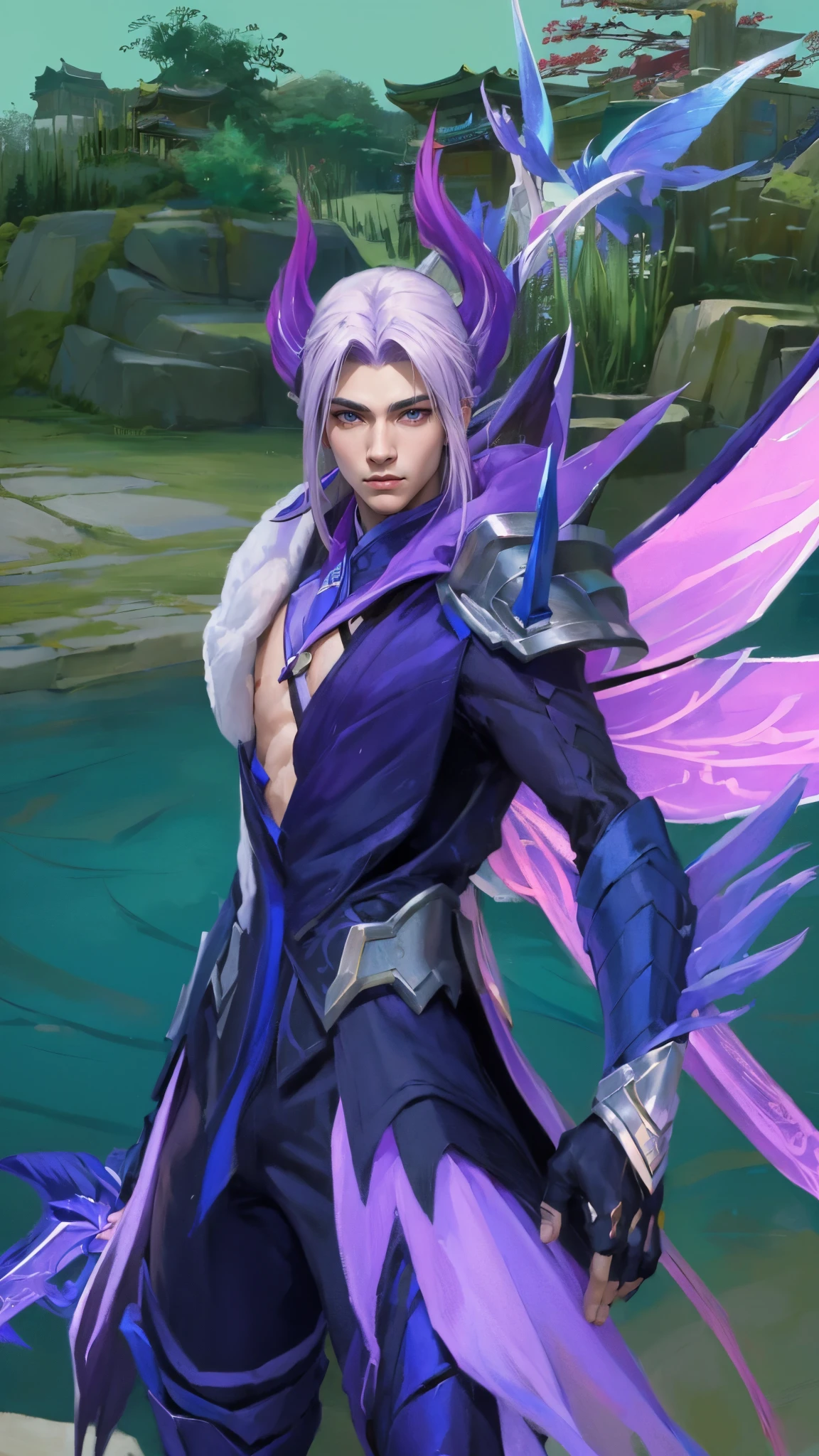 (Masterpiece:1.4), (best quality:1.2), enduring sword talon, 1boy, male focus, purple hair, long hair, japanese clothes, hair ornament