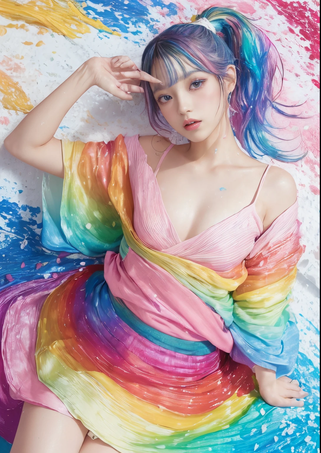 (oil painting:1.5), (NSFW:1.2), a woman joyfully twirling in the raining paint, paint raining, thick paint rainbow hair, body covered with paint, joyful, ((sfw)), calm facial expression, relaxed, gentle smile, (clothes made of liquid paint)), front view, ((small breasts, relaxed face, relaxed shoulders)), ((dynamic pose)), liquid details, correct anatomy, both arms visible, Create an illustration using the soft and ethereal qualities of watercolor. Beautiful pink skin anime model full body, sun-bathing on floating cloud along the suns surface, enticing eyes, curly hair dreamy, background thick clouds,, hyperdetailed, detailed, (masterpiece) . high fashion, luxurious, extravagant, stylish, , opulent, elegance, stunning beauty, professional, high contrast, detailed,  Depict a dreamy, whimsical scene with elements that seem to merge with the background