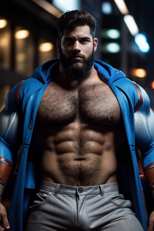 portrait, Hot superman, rugged, dadbod, hairy(stocky), tight costume, superman costume, muscular, beefy, beard, cute, full body, well built, intricate details, neon city