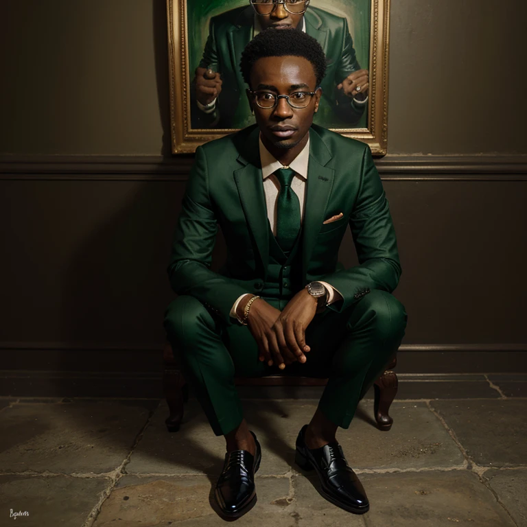 African amine in a green suit with black shiny shoes having glasses on his face having a rolex  black on his left hand watch. The potrait is an oil painting